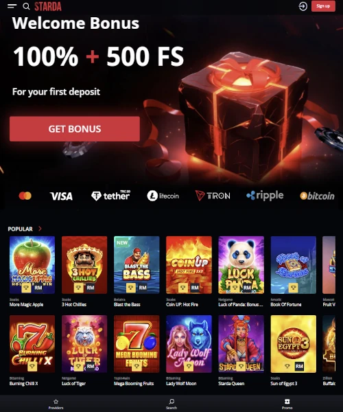 Starda Casino screenshot casino lobby with slot games, live dealer tables, payment options, and user interface elements
