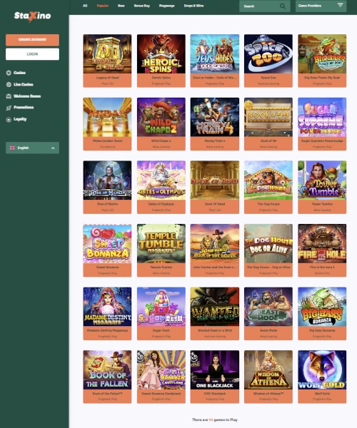 Staxino Casino screenshot casino lobby with slot games, live dealer tables, payment options, and user interface elements