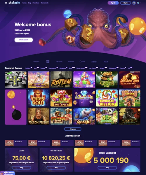 Stelario Casino screenshot casino lobby with slot games, live dealer tables, payment options, and user interface elements