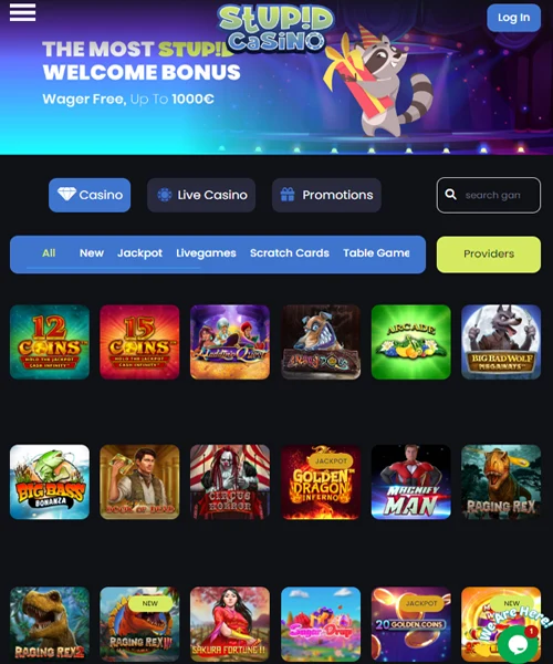 Stupid Casino screenshot casino lobby with slot games, live dealer tables, payment options, and user interface elements