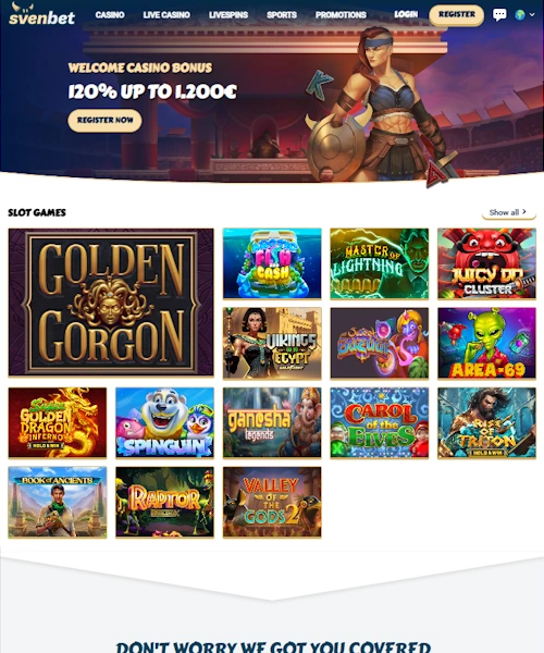 Svenbet screenshot casino lobby with slot games, live dealer tables, payment options, and user interface elements