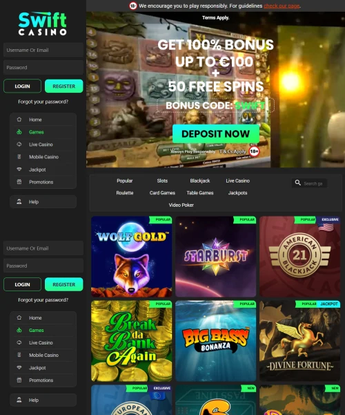 Swift Casino screenshot casino lobby with slot games, live dealer tables, payment options, and user interface elements