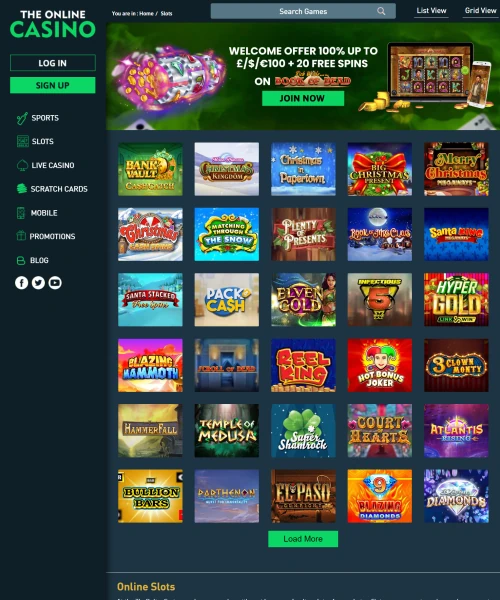 The Online Casino screenshot casino lobby with slot games, live dealer tables, payment options, and user interface elements