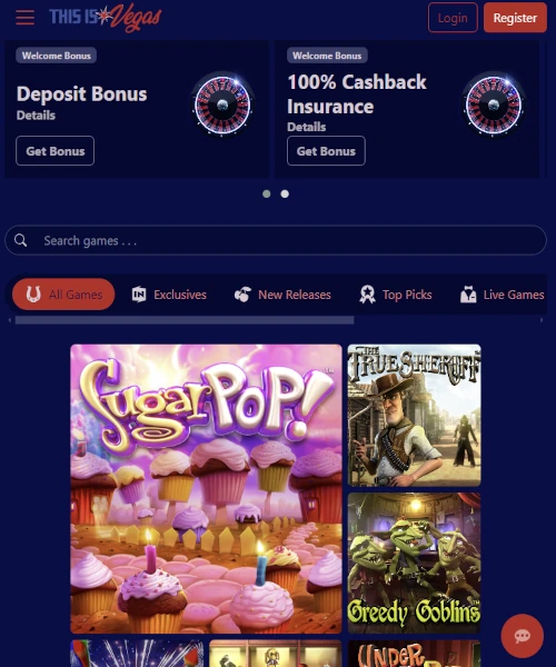 This is Vegas Casino screenshot casino lobby with slot games, live dealer tables, payment options, and user interface elements