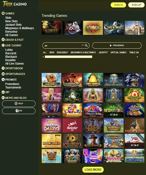 Thor Casino screenshot casino lobby with slot games, live dealer tables, payment options, and user interface elements