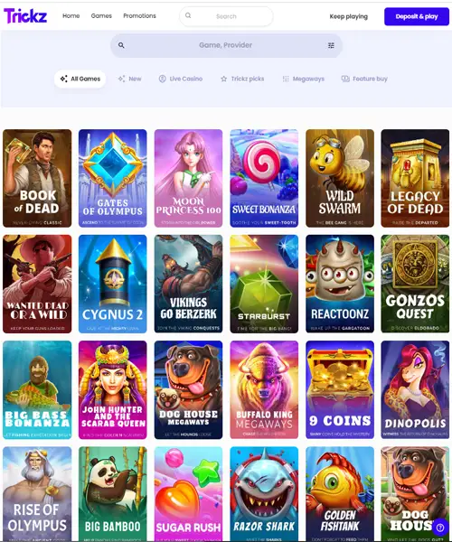Trickz Casino screenshot casino lobby with slot games, live dealer tables, payment options, and user interface elements