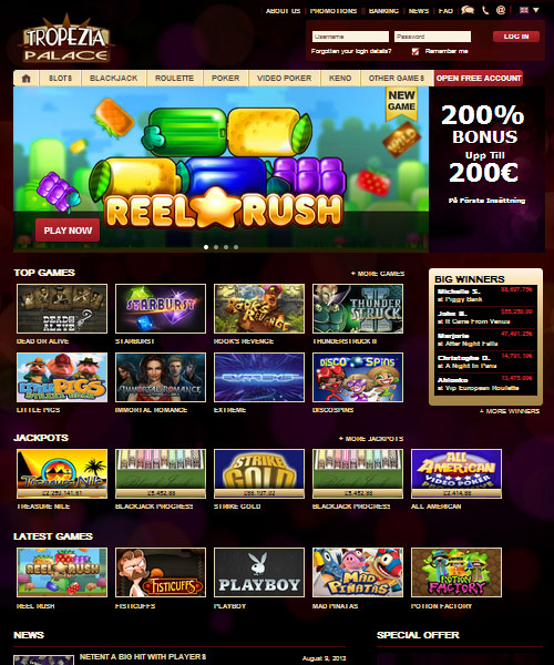 Tropezia Palace screenshot casino lobby with slot games, live dealer tables, payment options, and user interface elements