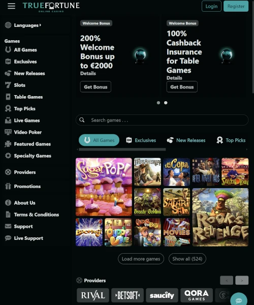 True Fortune Casino screenshot casino lobby with slot games, live dealer tables, payment options, and user interface elements