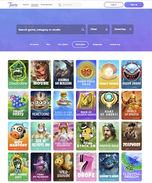 Tsars Casino screenshot casino lobby with slot games, live dealer tables, payment options, and user interface elements