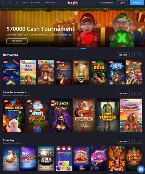 Twin Casino screenshot casino lobby with slot games, live dealer tables, payment options, and user interface elements