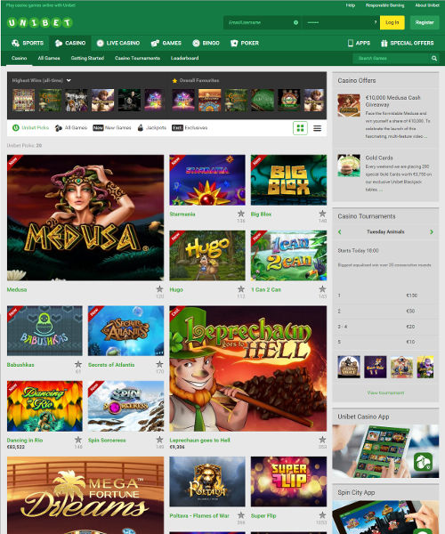 Unibet Casino screenshot casino lobby with slot games, live dealer tables, payment options, and user interface elements
