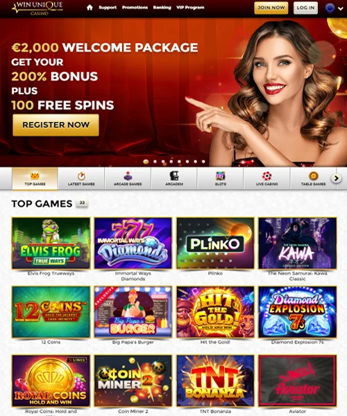 Unique Casino screenshot casino lobby with slot games, live dealer tables, payment options, and user interface elements