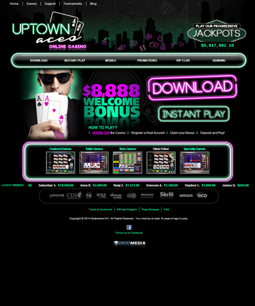 Uptown Aces screenshot casino lobby with slot games, live dealer tables, payment options, and user interface elements