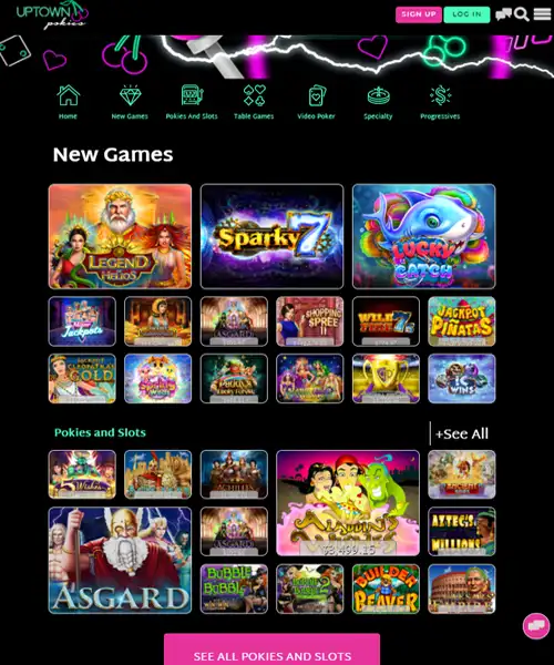 Uptown Pokies Casino screenshot casino lobby with slot games, live dealer tables, payment options, and user interface elements