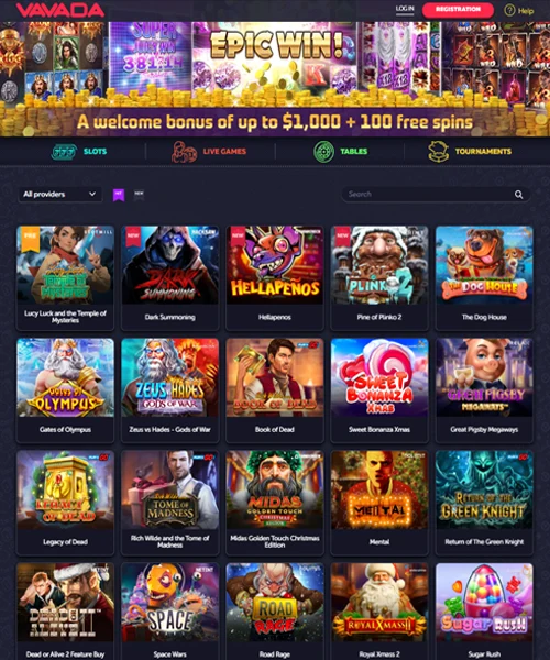 VAVADA Casino screenshot casino lobby with slot games, live dealer tables, payment options, and user interface elements
