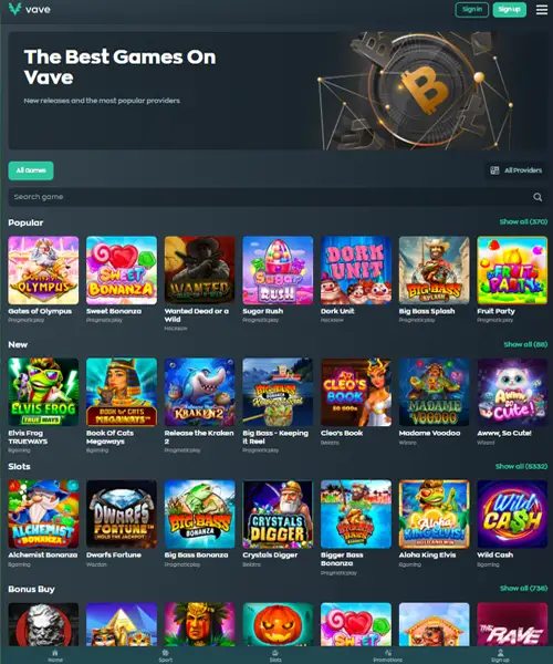 Vave Casino screenshot casino lobby with slot games, live dealer tables, payment options, and user interface elements