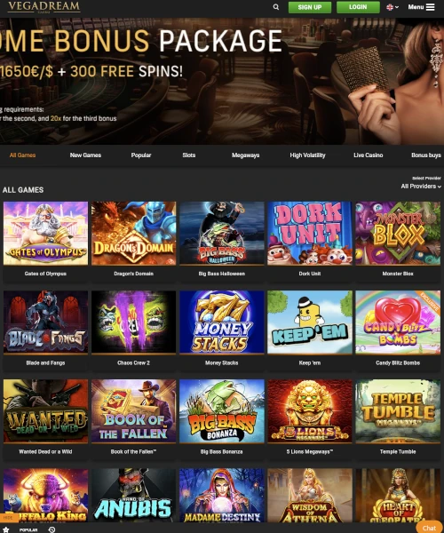 Vegadream Casino screenshot casino lobby with slot games, live dealer tables, payment options, and user interface elements