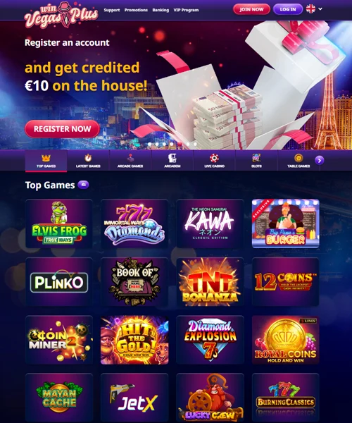 VegasPlus Casino screenshot casino lobby with slot games, live dealer tables, payment options, and user interface elements