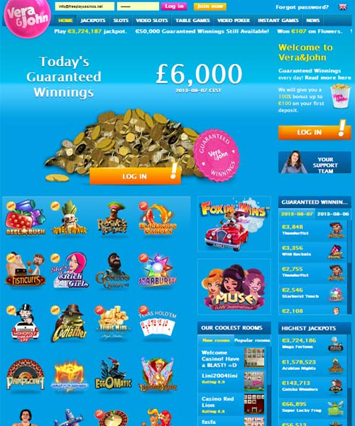 Vera John screenshot casino lobby with slot games, live dealer tables, payment options, and user interface elements