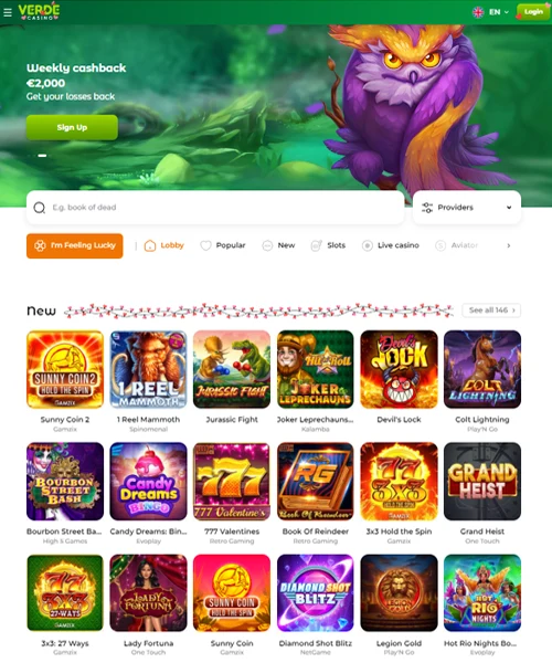 Verde Casino screenshot casino lobby with slot games, live dealer tables, payment options, and user interface elements