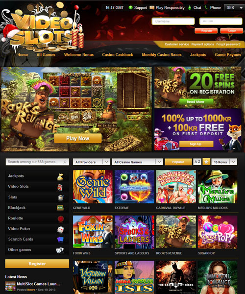 Videoslots Casino screenshot casino lobby with slot games, live dealer tables, payment options, and user interface elements