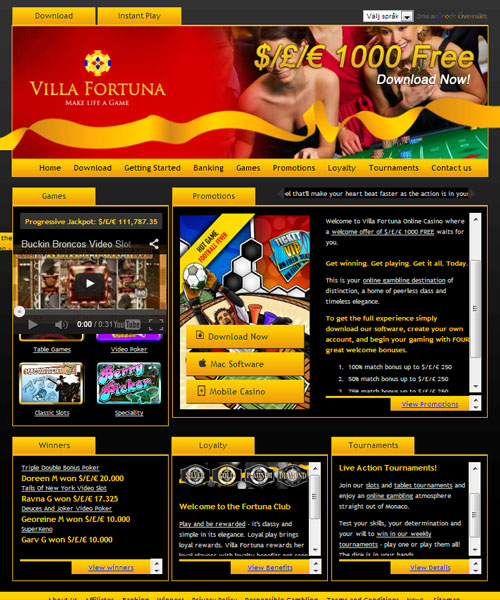 Villa Fortuna Casino screenshot casino lobby with slot games, live dealer tables, payment options, and user interface elements