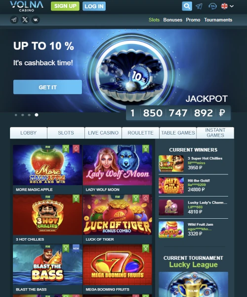 Volna Casino screenshot casino lobby with slot games, live dealer tables, payment options, and user interface elements