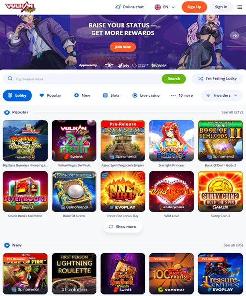 Vulkan Vegas Casino screenshot casino lobby with slot games, live dealer tables, payment options, and user interface elements