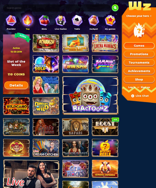 Wazamba screenshot casino lobby with slot games, live dealer tables, payment options, and user interface elements