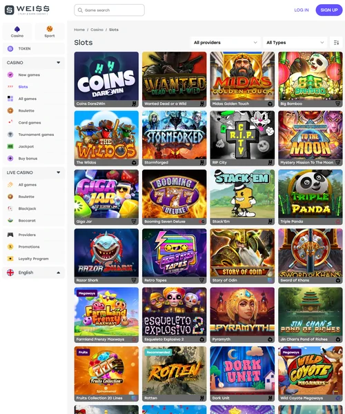 Weiss Casino screenshot casino lobby with slot games, live dealer tables, payment options, and user interface elements