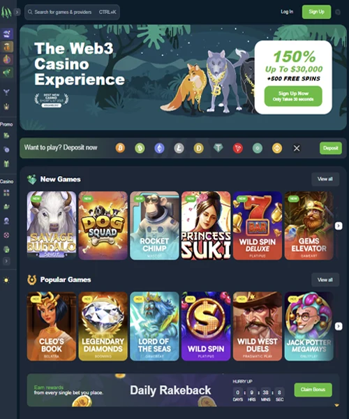 Wild.io Casino screenshot casino lobby with slot games, live dealer tables, payment options, and user interface elements