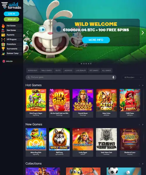 Wild Tornado Casino screenshot casino lobby with slot games, live dealer tables, payment options, and user interface elements