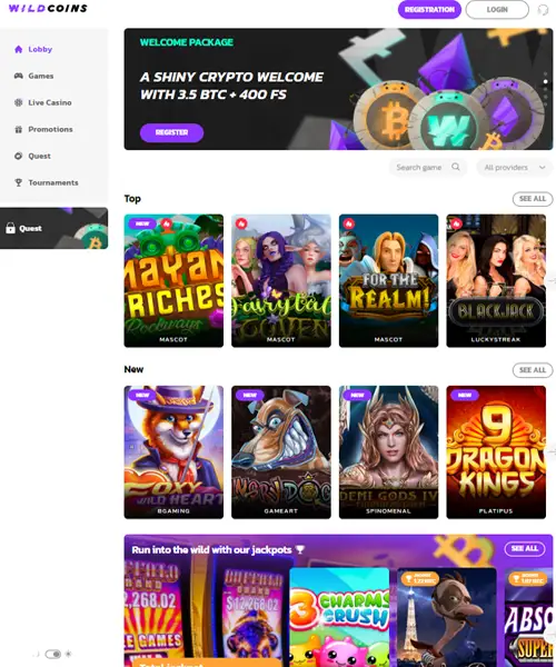 WildCoins Casino screenshot casino lobby with slot games, live dealer tables, payment options, and user interface elements