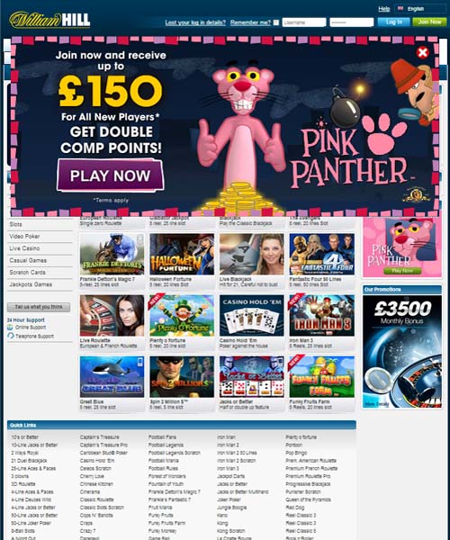 William Hill Casino screenshot casino lobby with slot games, live dealer tables, payment options, and user interface elements