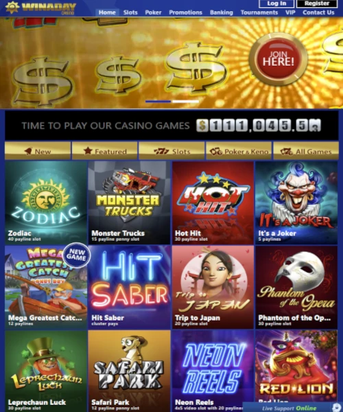 Winaday Casino screenshot casino lobby with slot games, live dealer tables, payment options, and user interface elements