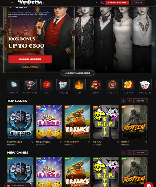 Windetta Casino screenshot casino lobby with slot games, live dealer tables, payment options, and user interface elements
