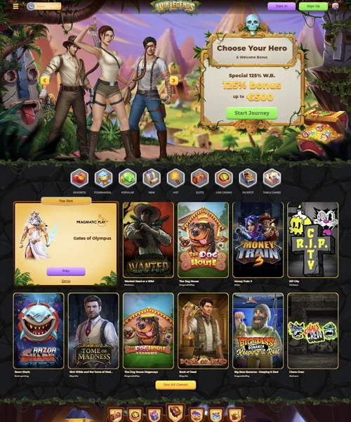 WinLegends Casino screenshot casino lobby with slot games, live dealer tables, payment options, and user interface elements