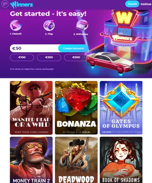 Winnerz Casino screenshot casino lobby with slot games, live dealer tables, payment options, and user interface elements