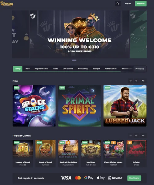 Winning Casino screenshot casino lobby with slot games, live dealer tables, payment options, and user interface elements