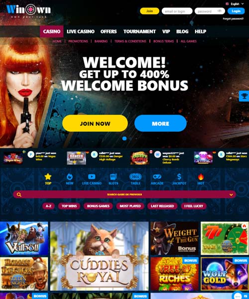 Winown Casino screenshot casino lobby with slot games, live dealer tables, payment options, and user interface elements