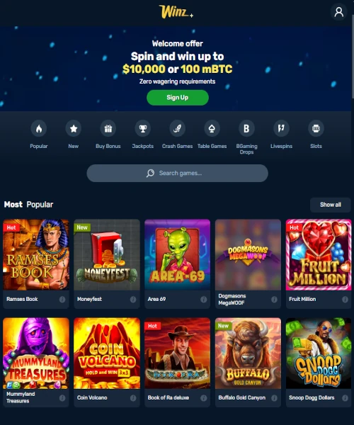 Winz.io Casino screenshot casino lobby with slot games, live dealer tables, payment options, and user interface elements