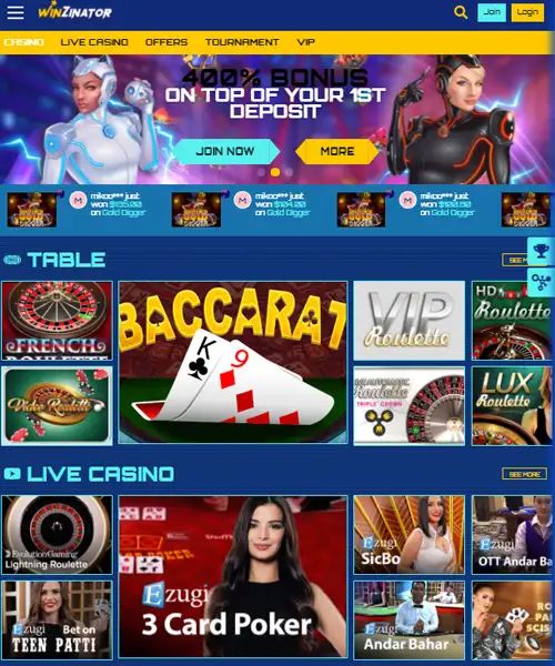 Winzinator Casino screenshot casino lobby with slot games, live dealer tables, payment options, and user interface elements