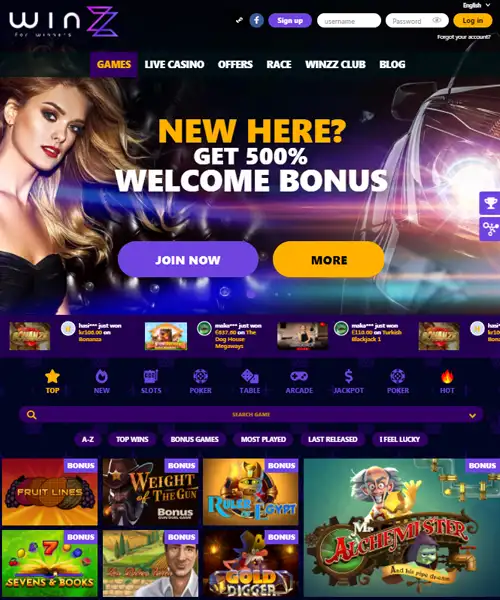 Winzz Casino screenshot casino lobby with slot games, live dealer tables, payment options, and user interface elements