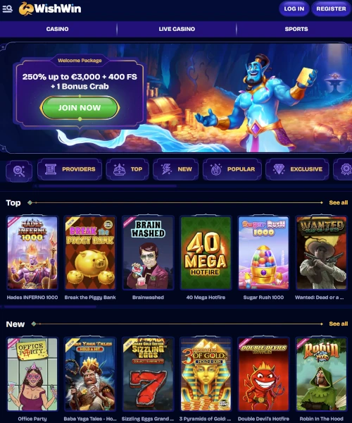 WishWin Casino screenshot casino lobby with slot games, live dealer tables, payment options, and user interface elements