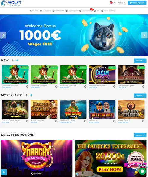 Wolfy Casino screenshot casino lobby with slot games, live dealer tables, payment options, and user interface elements