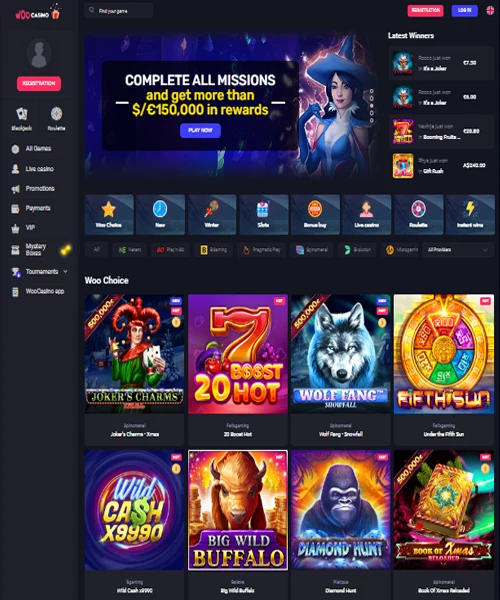 Woo Casino screenshot casino lobby with slot games, live dealer tables, payment options, and user interface elements