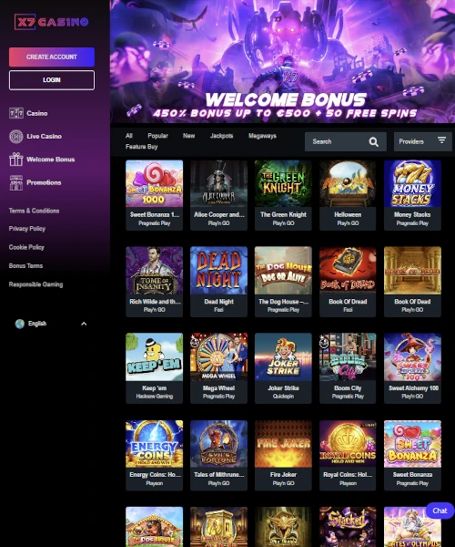 X7 Casino screenshot casino lobby with slot games, live dealer tables, payment options, and user interface elements