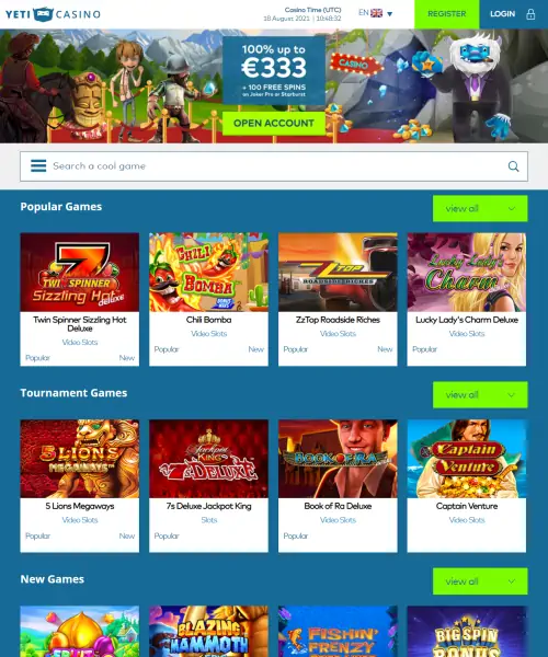 Yeti Casino screenshot casino lobby with slot games, live dealer tables, payment options, and user interface elements