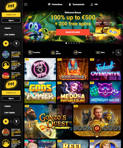 ZetCasino screenshot casino lobby with slot games, live dealer tables, payment options, and user interface elements