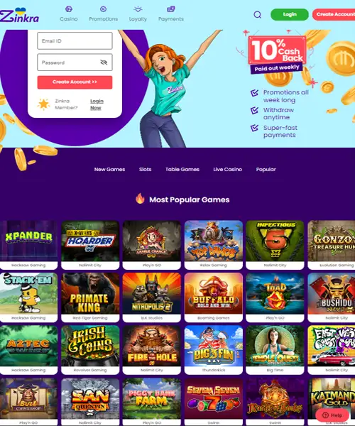 Zinkra Casino screenshot casino lobby with slot games, live dealer tables, payment options, and user interface elements
